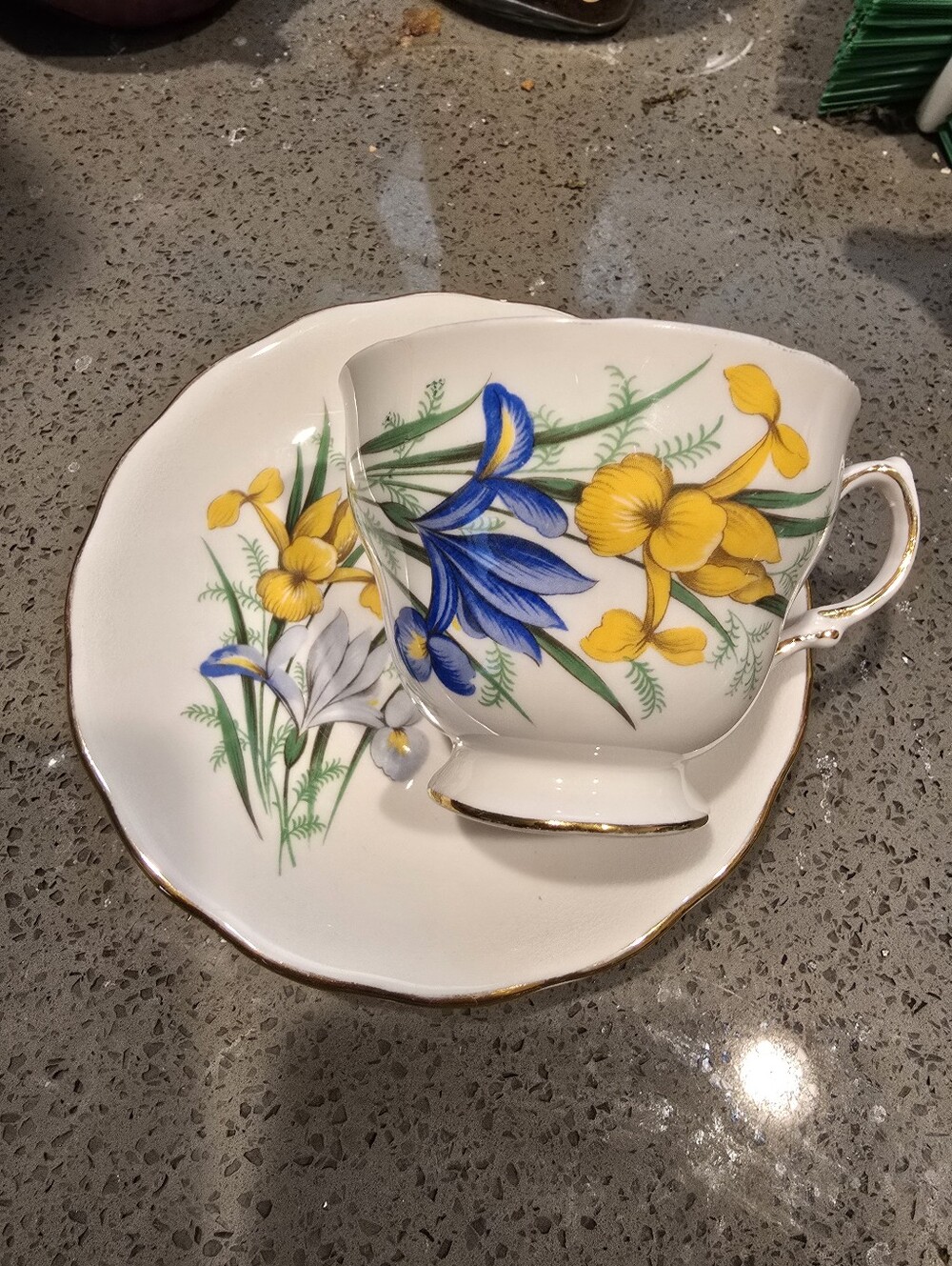 Floral Porcelain Tea Cup and Saucer - Yellow & Blue Iris Vintage Crown Royal